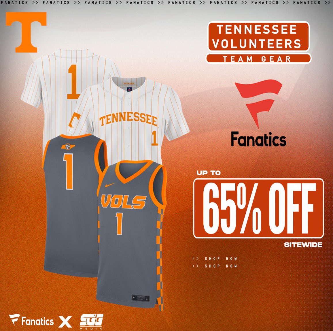 VOLS SUPER SALE, <a href="/Fanatics/">Fanatics</a>, 65% OFF TENNESSEE GEAR! 🤯 

Take advantage of Fanatics latest exclusive offer and get up to 65% OFF Tennessee gear using THIS PROMO LINK: fanatics.93n6tx.net/TEN65 📈

DEAL ENDS SOON! 🤝