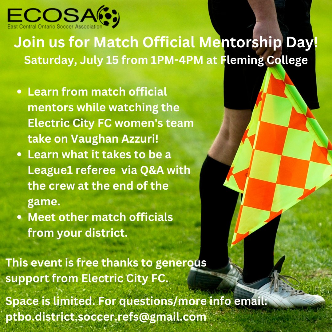 Thank you @ElectricCityFC for sponsoring our first Match Official Mentorship Day! #League1ON

There are still a few spaces for registered youth match officials available!