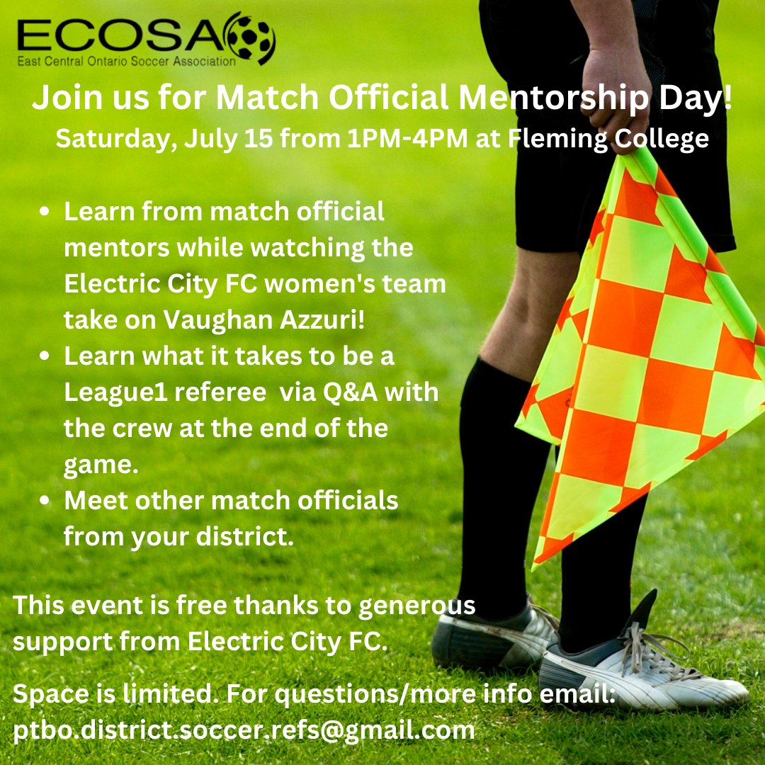 RefSoccerPTBO's tweet photo. Thank you @ElectricCityFC for sponsoring our first Match Official Mentorship Day! #League1ON

There are still a few spaces for registered youth match officials available! https://t.co/j6vjPPqcoL