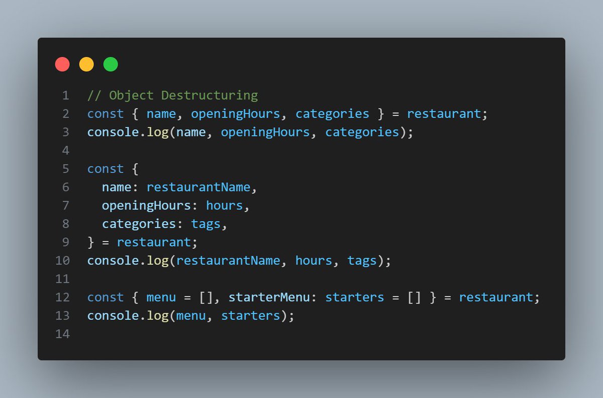 Today marks the 14th day of my #100DaysOfCode challenge, and I have been focusing on learning and practicing Object&amp;Arrays Destructuring in JavaScript. It's been a valuable experience of both learning and unlearning. Thank you for your support and encouragement.