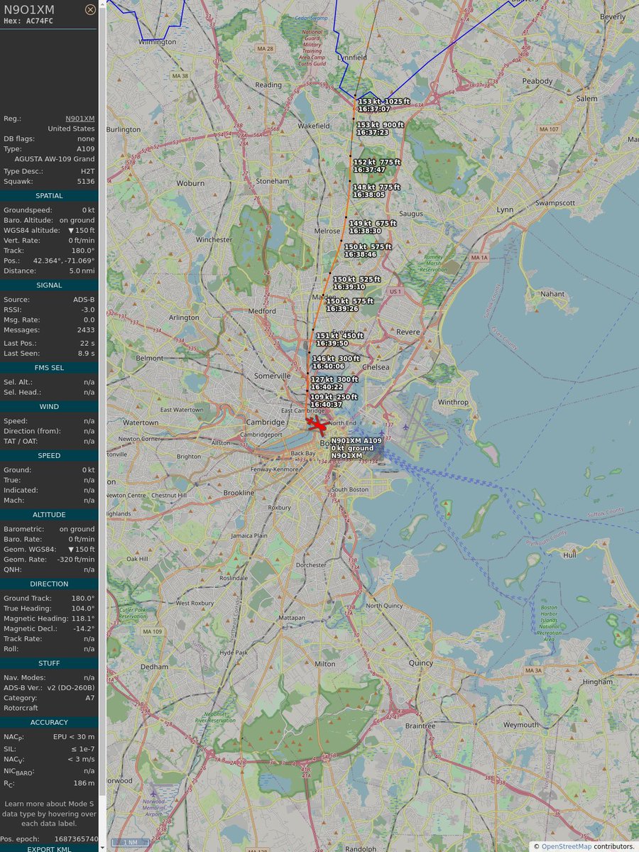 ICAO: #AC74FC
Flt: #N9O1XM
First seen: 2023/06/21 12:39:42
Min Alt: 300 ft MSL
Min Dist: 1.34 mi

#planefence #adsb - planefence.com/medford
globe.adsbexchange.com/?icao=ac74fc