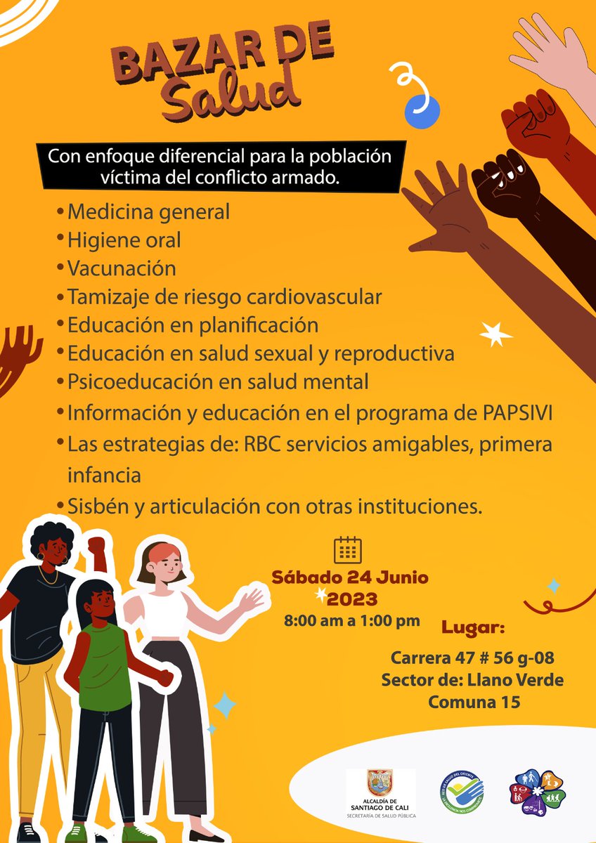 EseOriente's tweet photo. #AgéndateDesdeYa

👉𝘽𝙖𝙯𝙖𝙧 𝙙𝙚 𝙡𝙖 𝙨𝙖𝙡𝙪𝙙 
𝘾𝙤𝙣 𝙚𝙣𝙛𝙤𝙦𝙪𝙚 𝙙𝙞𝙛𝙚𝙧𝙚𝙣𝙘𝙞𝙖𝙡 𝙥𝙖𝙧𝙖 𝙥𝙤𝙗𝙡𝙖𝙘𝙞ó𝙣 𝙫í𝙘𝙩𝙞𝙢𝙖 𝙙𝙚𝙡 𝙘𝙤𝙣𝙛𝙡𝙞𝙘𝙩𝙤 𝙖𝙧𝙢𝙖𝙙𝙤

🗓️ Sábado 2️⃣4️⃣ de junio

⏰ 8:00am -1:00pm

📌Carrera 47 #56G- 08
Sector de Llano Verde 

@SaludCali https://t.co/czUoJhVzf1