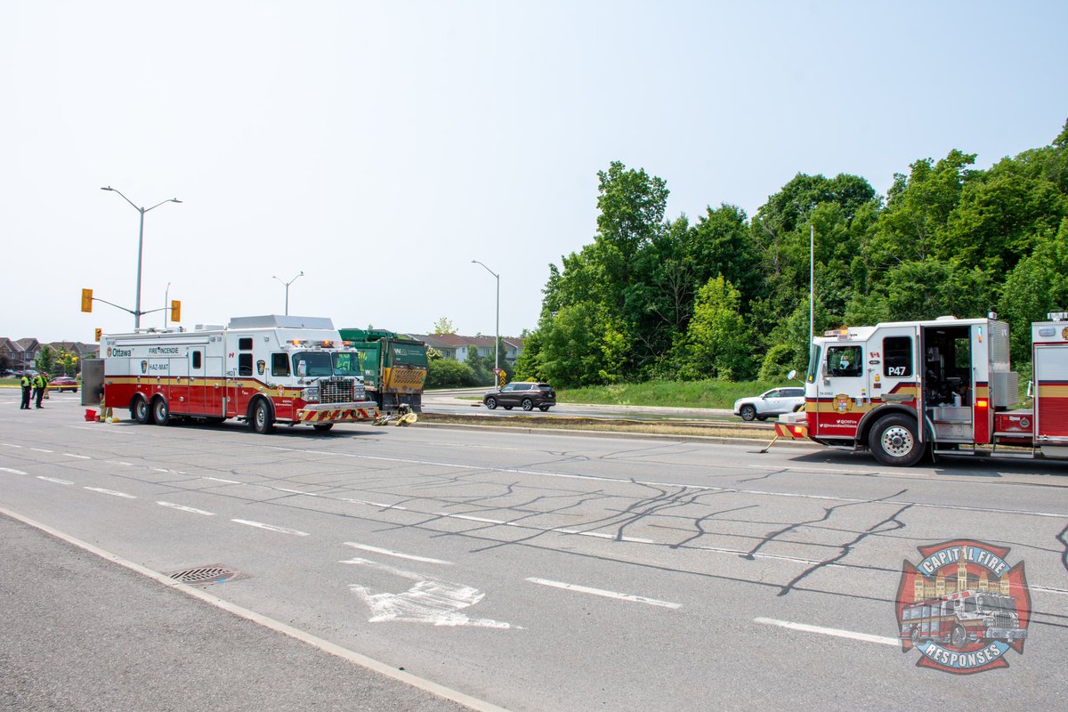 @OttFire Haz-Mat crews were on scene of a @WasteManagement garbage truck fire at Strandherd and Cresthaven just before the lunch hour today. Blaze was contained and crews worked to contain fluids feom the truck and water run off. @WilsonLo24 #ottnews #ottfire #ottcity