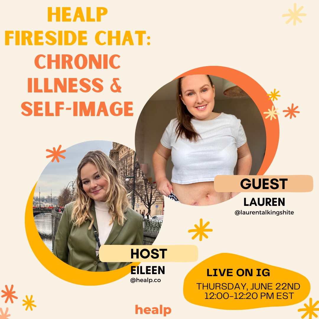 🔥 Fireside Chat: Chronic Illness &amp; Self-Image with Lauren🔥 
 
Join us live tomorrow, June 22nd at 12 PM EST for an eye-opening conversation hosted by Eileen Flaherty from the @healp.co team!