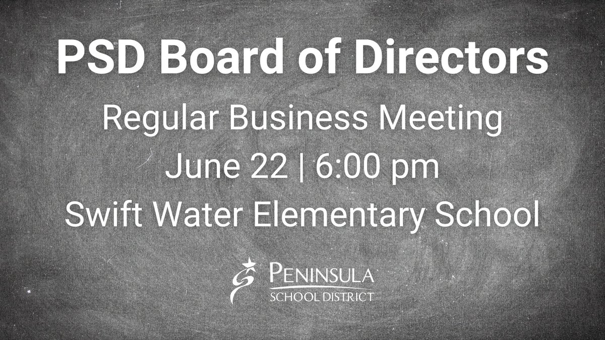 The PSD Board of Directors will host its business meeting at 6 p.m. on Thursday, June 22, 2023 at Swift Water Elementary School. Click here to read the full agenda -drive.google.com/file/d/1Us18ye…