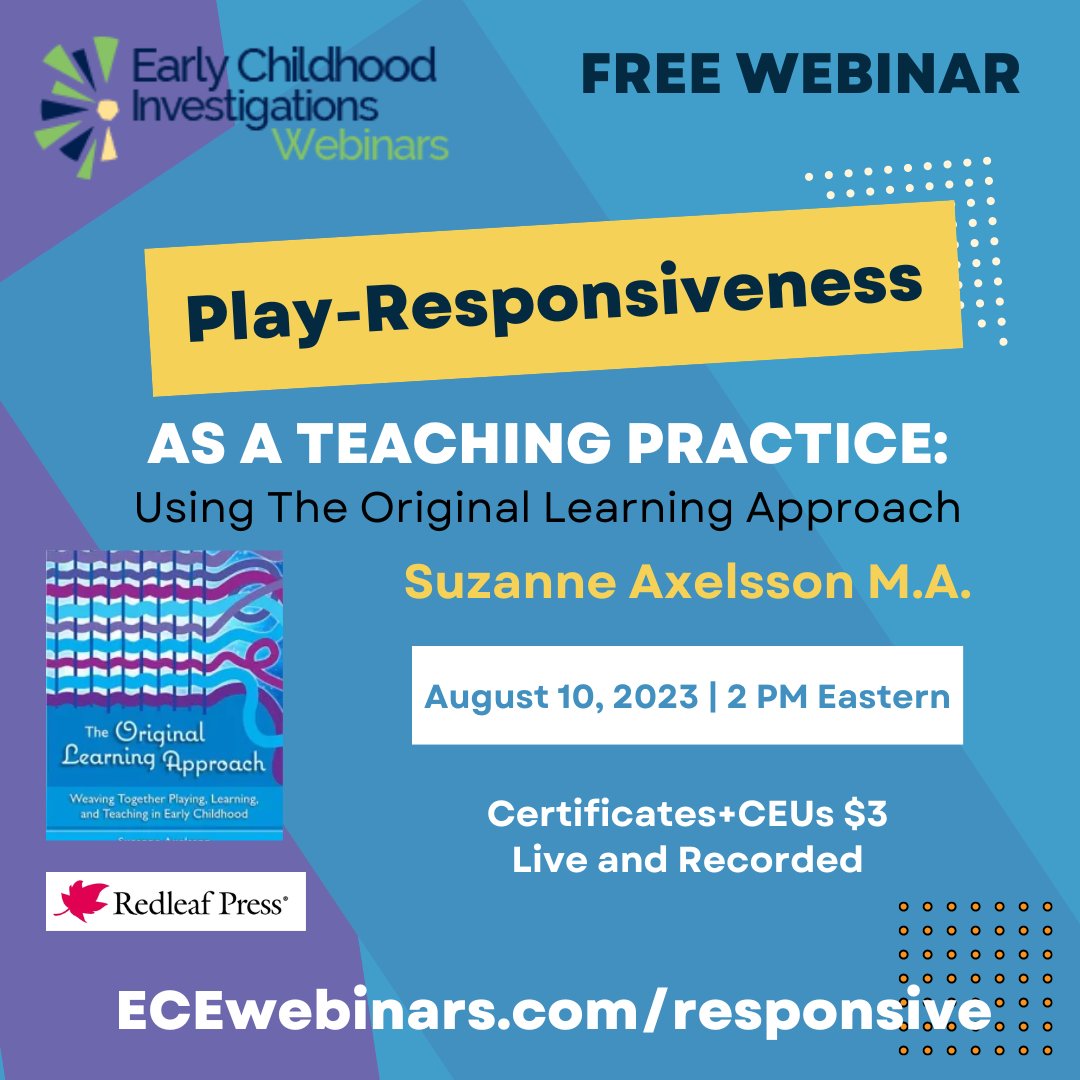 ECEWebinars's tweet photo. Join @SuzanneAxelsson to learn global #playresponsive strategies for #ECE teachers, sponsored by @redleafpress. https://t.co/gmvWUi708s #earlychildhoodeducation #earlychildhood #earlyed #cdnchildcare #childcare #headstart #prek #kindergarten #ECEleadership #ECEleaders https://t.co/65JjHd0pyZ