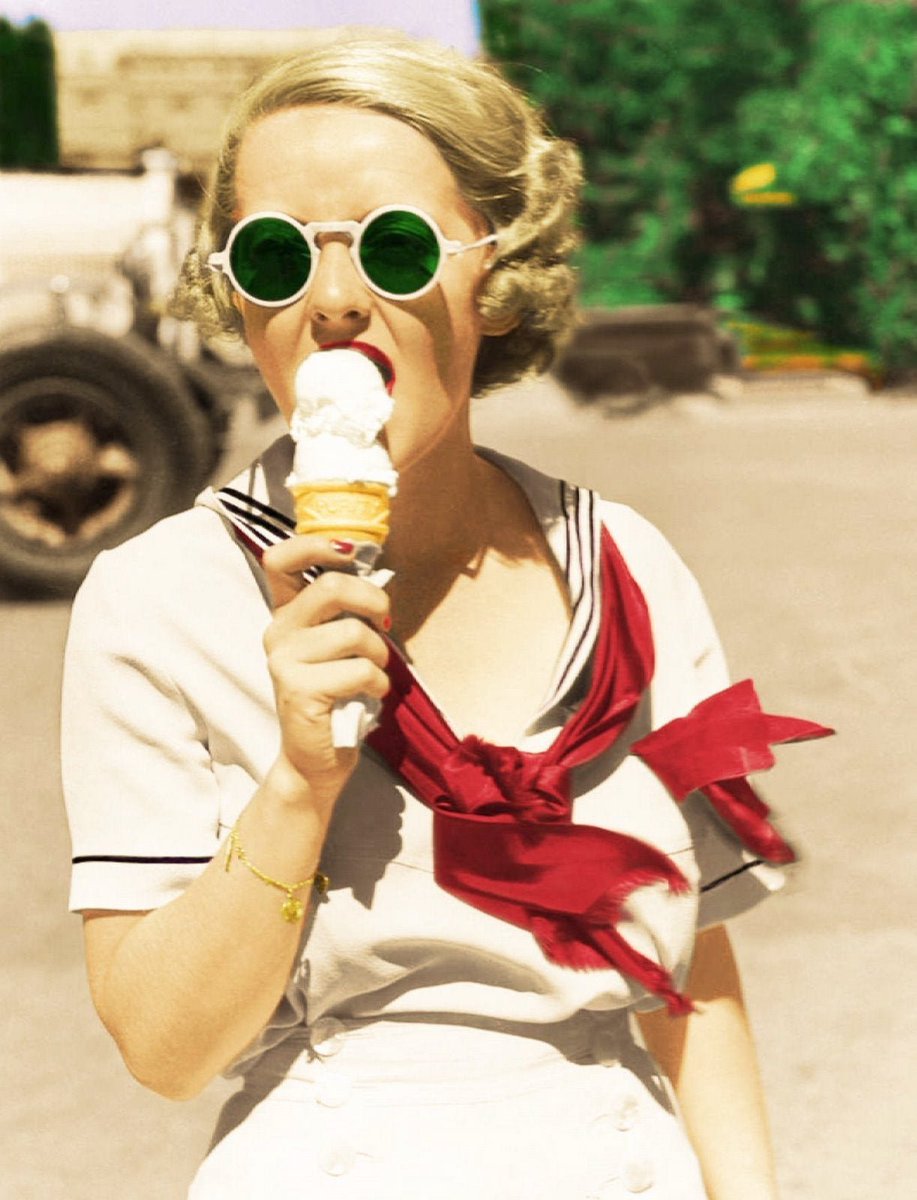 Happy Summer Solstice!🍦☀️

[Original Caption, c. 1935] Keeping Cool In Hollywood. Bette Davis, behind the smoked glasses, goes in for ice cream cones in a heavy way when the thermometer rises in the Hollywood movie colony.
