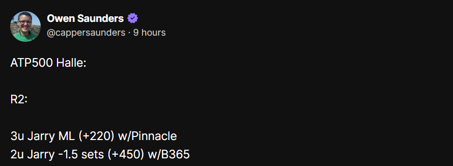 A massive +15.6u start to the day in Halle 💰

Nico Jarry has been an absolute TRAIN for subs this year 🔥

Still plenty of tennis left tonight: cappit.app/user/cappersau…