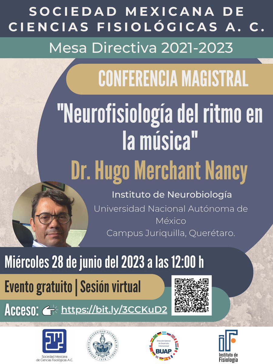 UNAMINB's tweet photo. La próxima semana @HMerchanr, investigador de nuestro instituto, impartirá la conferencia magistral mensual que organiza la @SMCFMx 🧠🎶
Es *GRATIS* y en línea. ¡Regístrate! 👇🏻

📅 Miércoles 28 de junio, 12h.
💭 "Neurofisiología del ritmo en la #música"
🎫https://t.co/JlP1wqqxJQ https://t.co/rRh34cMM1M