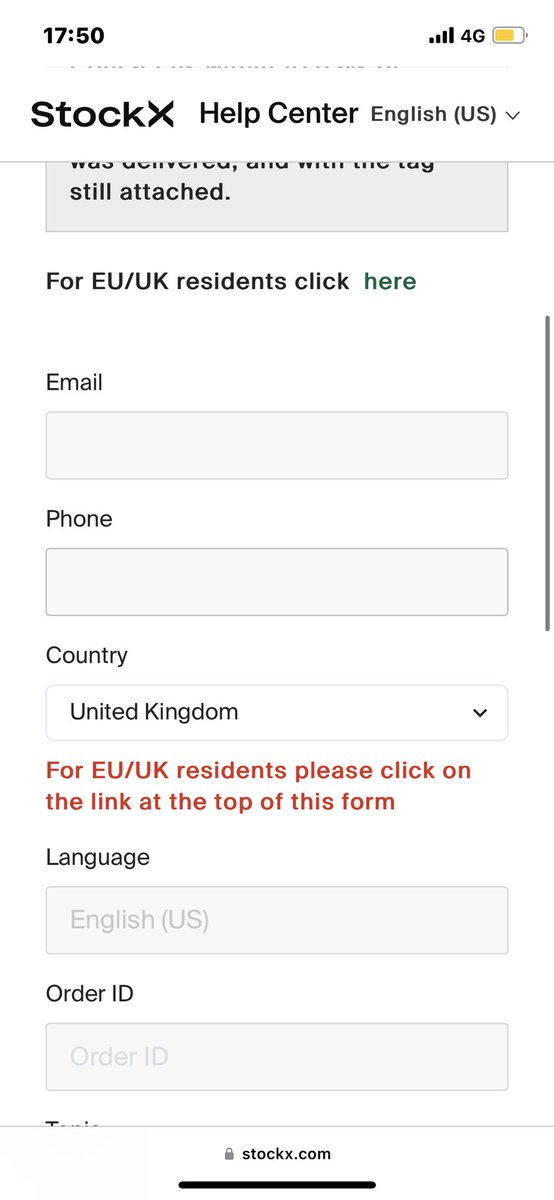 maxxxdyer's tweet photo. @stockx The EU/UK form isn’t working even when I click on the directed link @stockx help https://t.co/sK06BpBqxc
