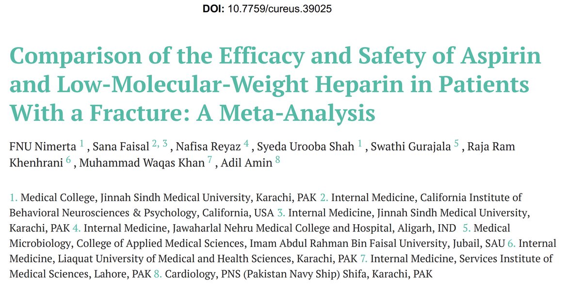 📊 Metaanalisis: PROFILAXIS 💊ASPIRINA 🆚💉HEPARINA BAJO PESO MOLECULAR  EN 🦴FRACTURAS

➡️Pacientes hospitalizados tras fractura tienen un mayor riesgo ⚠️de tromboembolia venoso por: 
1⃣ lesión traumática
2⃣movilidad 🦵limitada durante la recuperación
3⃣duración ⏳de la cirugía