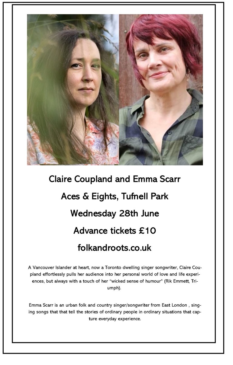 Next Weds (28th June) exceptional Americana/folk double bill with Toronto based Claire Coupland and East Londoner Emma Scarr @Aces_Bar #tufnellpark #London  - adv tickets £10 via folkandroots.co.uk/emma-scarr-and…

#londonmusic  #kentishtown #camden #thingstodoinlondon #islington