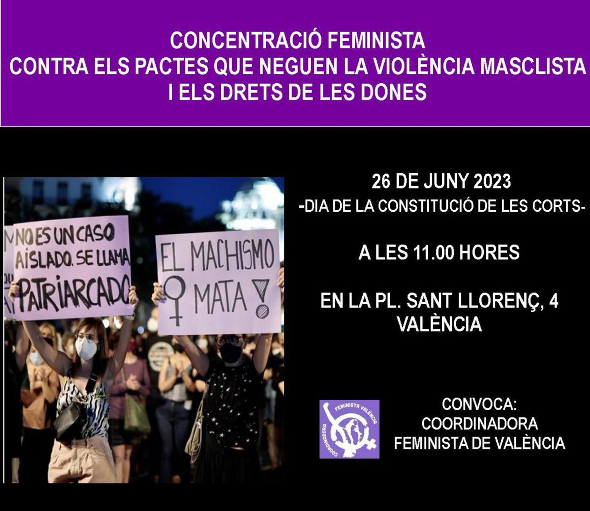 ciborra_cloti's tweet photo. El pacte de govern al País Valencià que nega la violència masclista és un pas enrere en els nostres drets. No ho permetrem. 
#NiUnPasEnrere https://t.co/NRE3gWRG5v