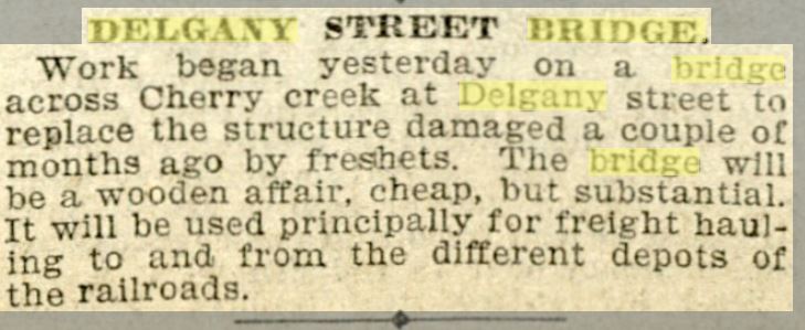 SteveStaeger's tweet photo. In 1899, the Rocky Mountain News described the @DelganyBridge as a "wooden affair, cheap, but substantial." https://t.co/nmkHEqBo4s