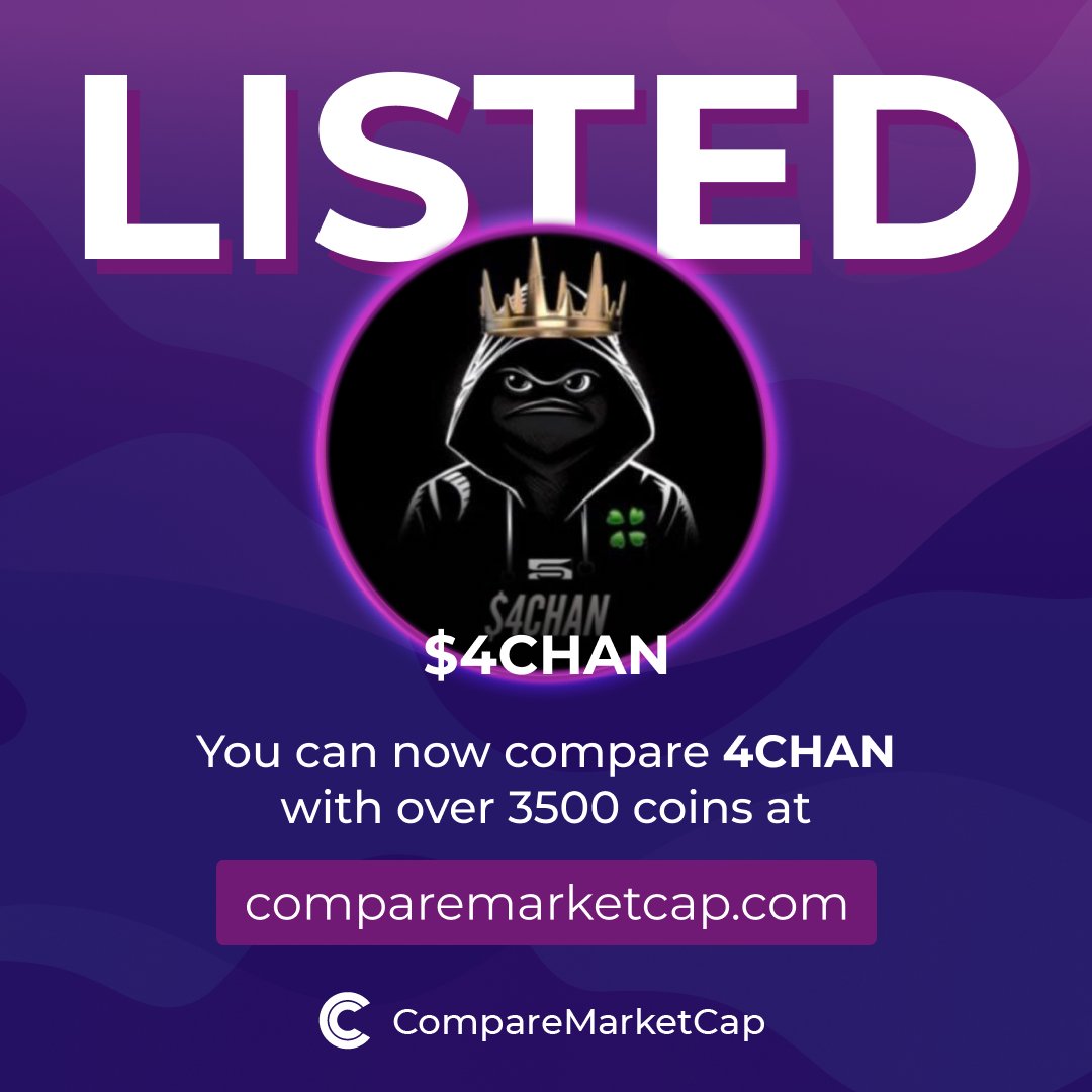 comparemcap's tweet photo. #4CHAN is now listed on CompareMarketCap!  

📈$20.8M 
💸$0.0₁₂24

Check out 4CHAN on: 
- Website: https://t.co/t1iPHO1ZGx
- Twitter: @4Chan_Token
- Telegram: https://t.co/ynewfYbjvm

You can now compare 4CHAN with over 3500 coins on https://t.co/7UYTNabytD
