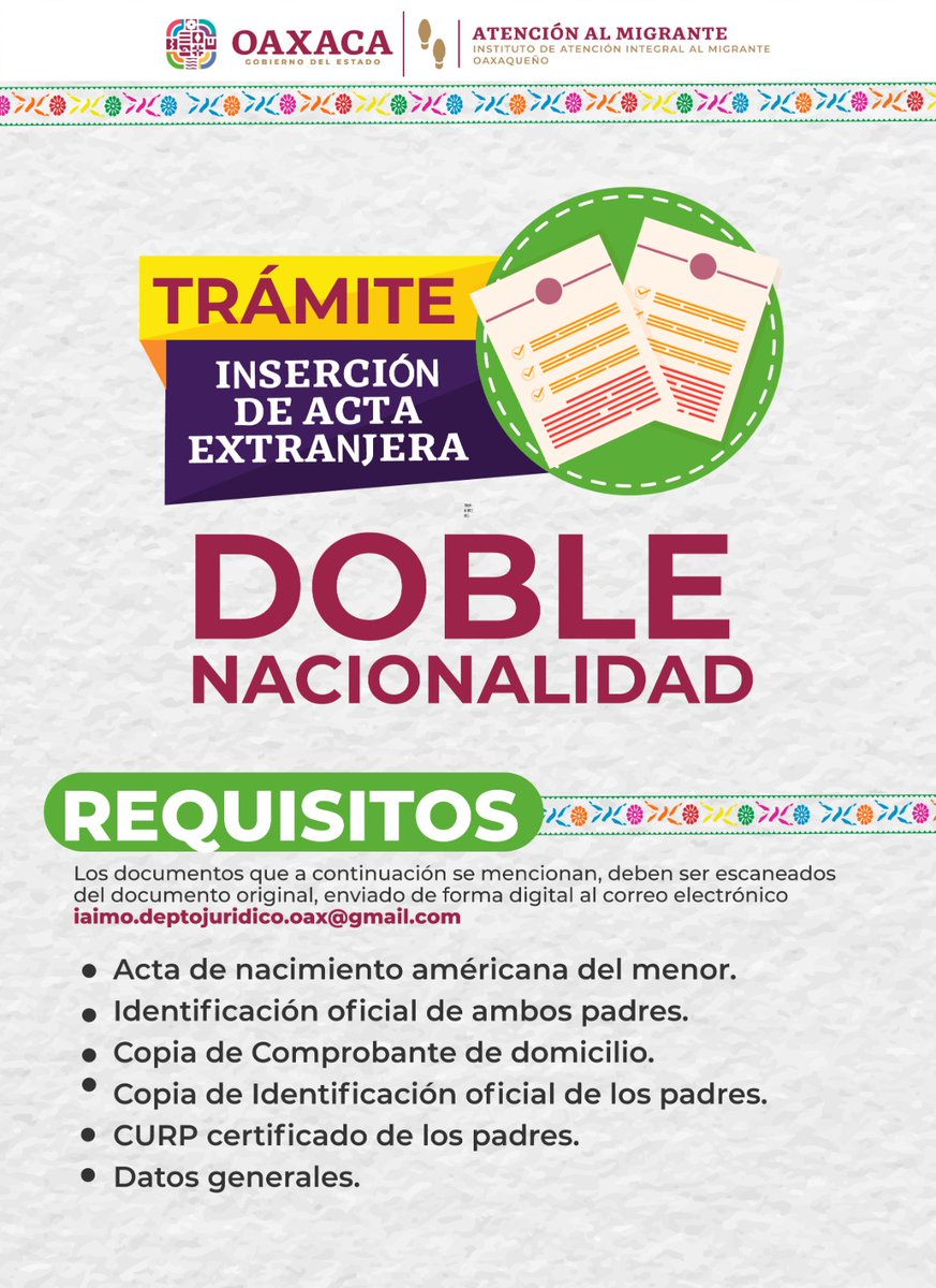 IAIMO_GobOax's tweet photo. 📢Conoce el Trámite de Inserción de Acta Extranjera (Doble Nacionalidad) que manejamos en el #IAIMO el cual va dirigido a la población binacional de Oaxaca que nació en Estados Unidos de América. https://t.co/OBdxjIPxQl