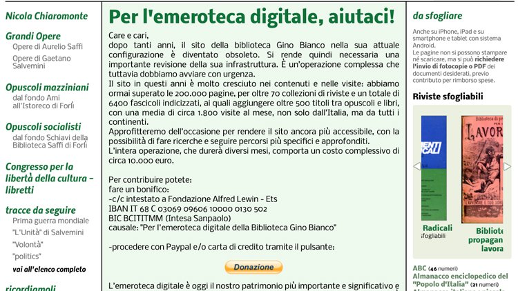 📣Appello per l'emeroteca digitale della Biblioteca Gino Bianco.
Abbiamo bisogno del vostro aiuto per ristrutturare il sito, la cui configurazione è ormai obsoleta. È un'operazione urgente e complessa per cui ci servono 10.000 euro.
💓 Sosteneteci da qui:
paypal.com/donate/?hosted…