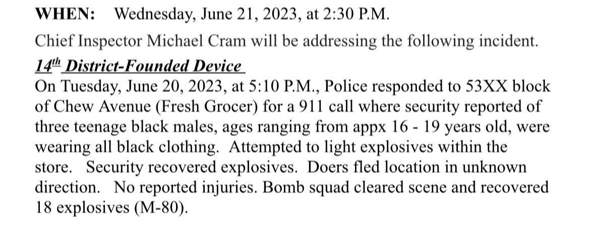 KeeleyFox29's tweet photo. UPDATE:  @PhillyPolice reveal teens attempted to light EIGHTEEN M-80 explosives inside Chew Ave Fresh Grocer store 5:10pm last night.   More on this to be said &amp; shown in 2:30pm news conference. https://t.co/BQ0d2mq2cA