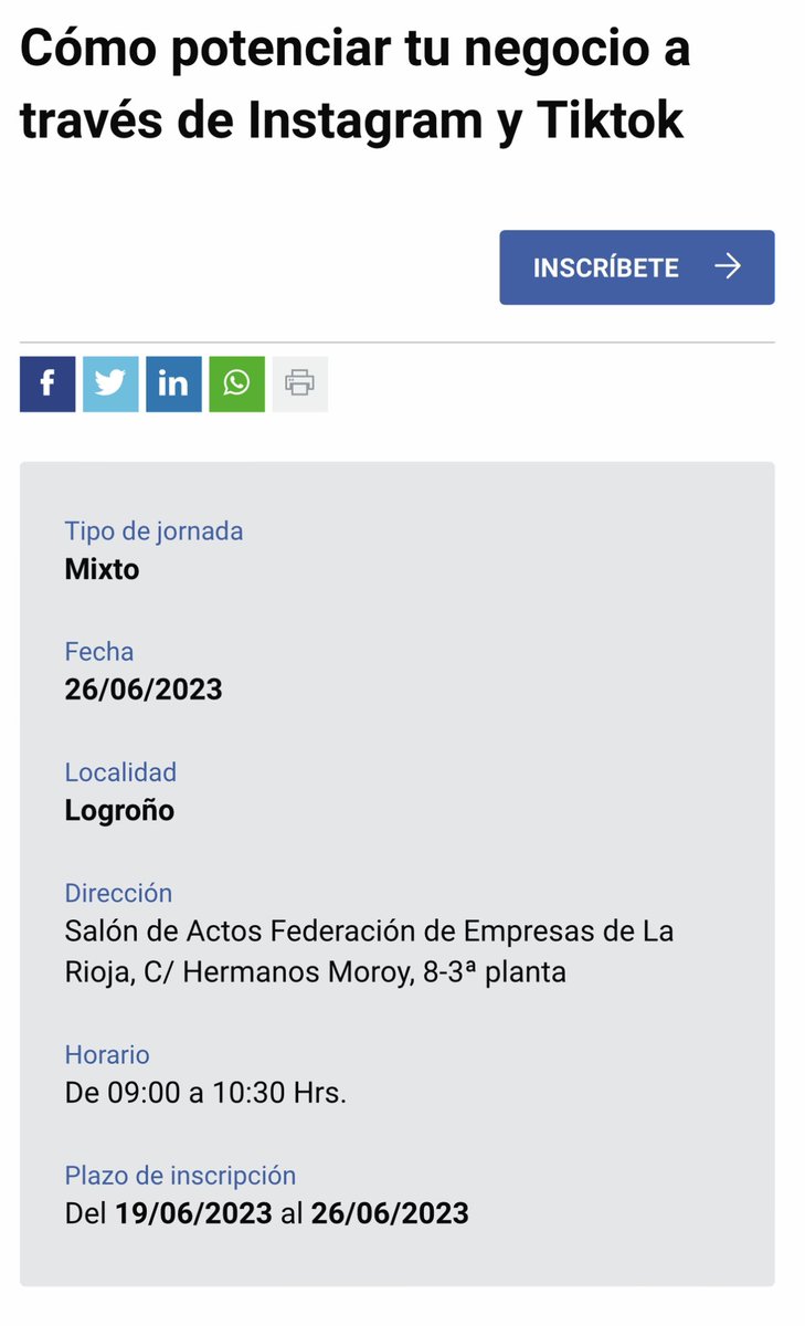 🥁 AUTOBOMBO 🥁

🙋🏻‍♀️El próximo lunes participaré como ponente en la Jornada: Cómo potenciar tu negocio a través de Instagram y Tiktok organizada por <a href="/empresa_rioja/">FER</a> 

Si te gustaría oírme sobre cómo se puede crecer en TikTok sin bailar, inscríbete aquí 👉🏼 sie.fer.es/jornadas.php?a…
