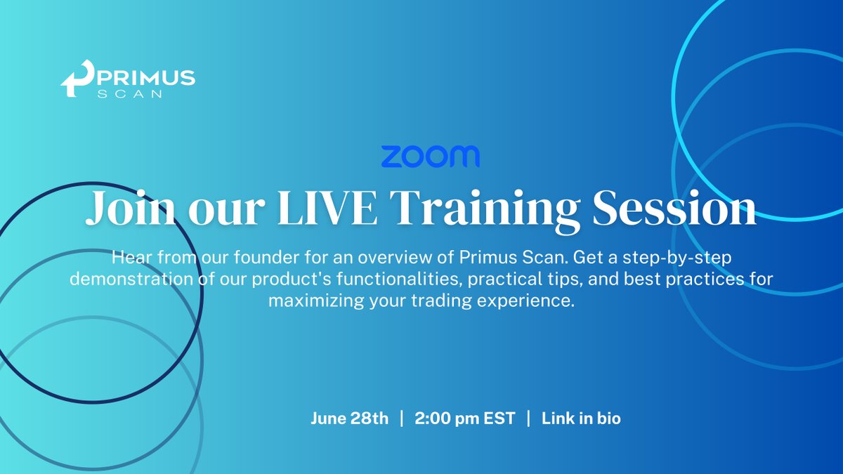 📣 Join Our Live Virtual Training Session on June 28th, 2:00 pm EST! Learn all about Primus Scan and how it enhances trading. Zoom link: ow.ly/8oO450OTZtl  Don't miss out on the special promotion to get started. #VirtualTraining #TradingTools #PrimusScan