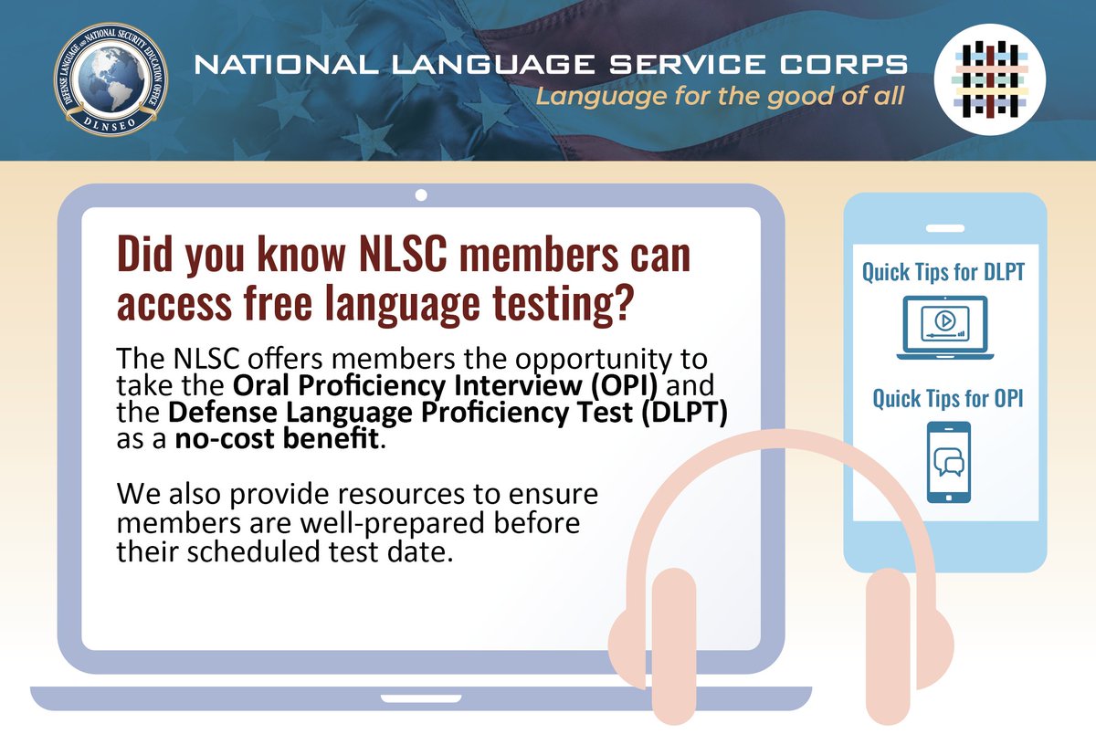 nlsc's tweet image. Would you like to validate your #languageskills by accessing #languagetests recognized throughout the U.S. #Government? Learn about the NLSC&apos;s no-cost #languagetesting benefits and other top reasons to join the NLSC at nlscorps.org/membership