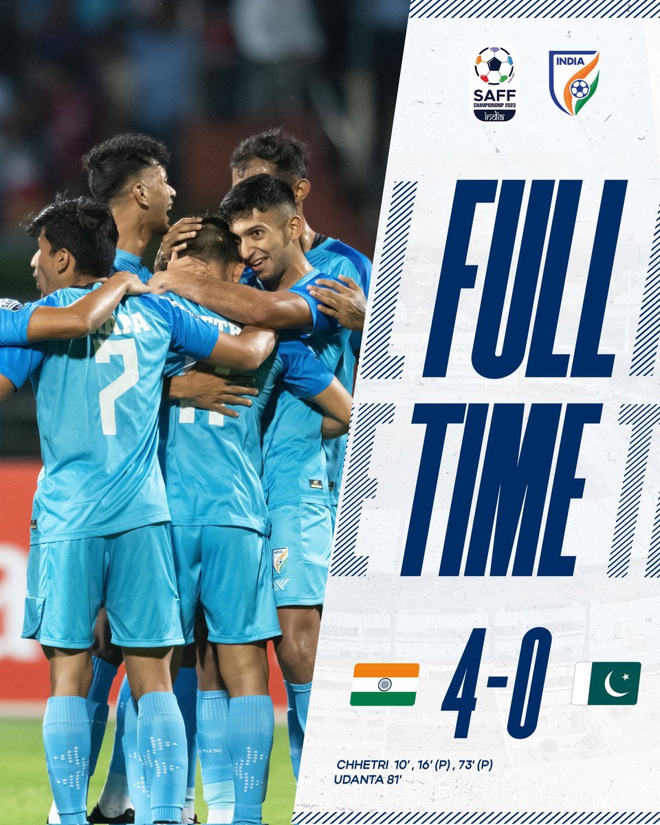 DDNewsHindi's tweet photo. #SAFFChampionship2023 | कप्तान #SunilChhetri की शानदार हैट्रिक के बतौलत भारत ने सैफ चैंपियनशिप में पाकिस्तान ��ो 4-0 से रौंदा

#INDvsPAK https://t.co/UhUKWEKm4y