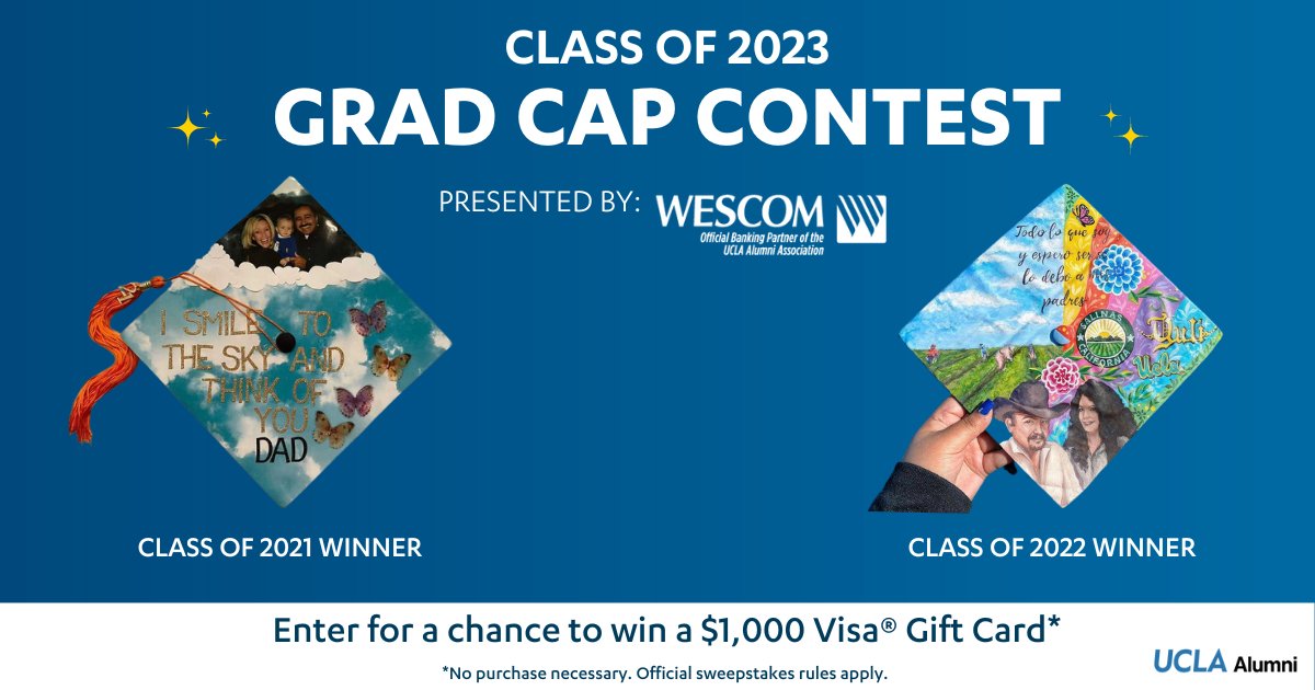 If you’re part of the @UCLA 2023 graduating class, we encourage you to share your decorated graduation caps using #UCLA2023 and also enter to be rewarded for your design. As the official banking partner of the #UCLA Alumni Association, Wescom wants to award your creativity!