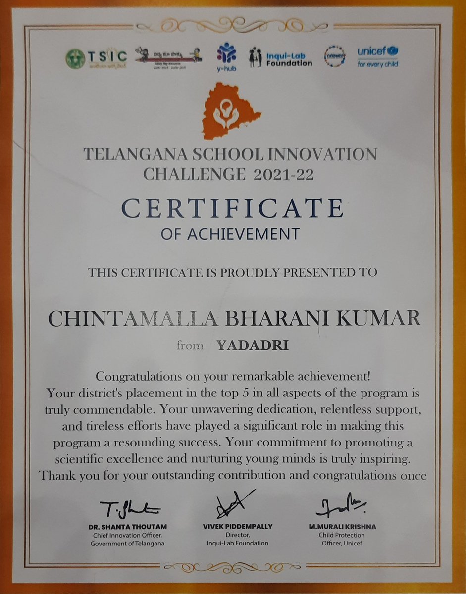 bharanikumar56's tweet photo. Happy to announce that my self as District Science Officer, recieved 🏆award for remarkable achievement. 
as Our @Dist_Yadadri  stood one of top 5 District in all aspects of #SIC program.
@KTRBRS @jayesh_ranjan @DrShantaThoutam @Collector_YDR @ACLB_Yadadri @teamTSIC @inqui_lab https://t.co/aDWCId4ube