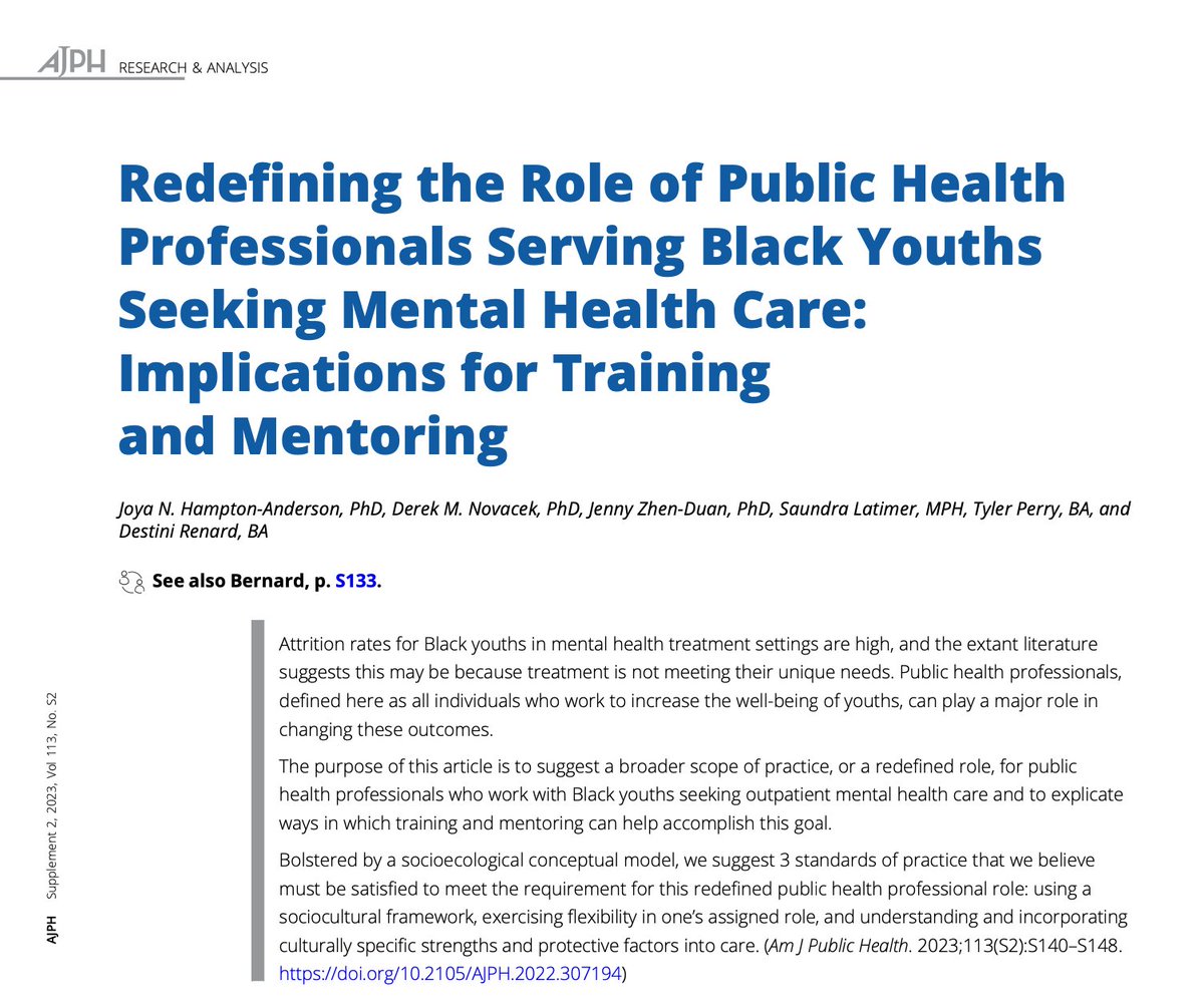 🚨New!🚨We suggest a redefined role for professionals who work with Black youths seeking outpatient mental healthcare; highlighting the need to consider a sociocultural framework, exercise flexibility in one’s assigned role, and incorporate culturally specific factors into care.
