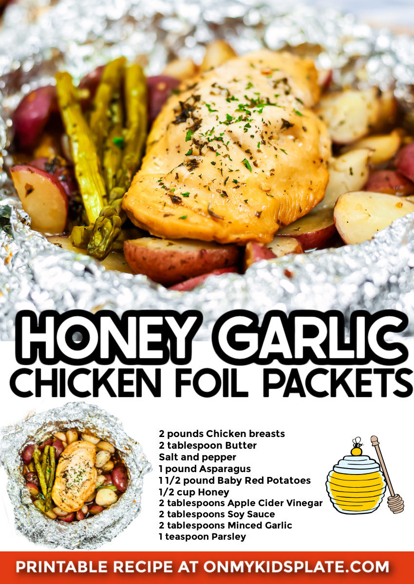 Honey Garlic Chicken Packets Juicy chicken, potatoes and vegetables seasoned just right! Make them on the grill, yum! #grill #summerrecipe #easydinner onmykidsplate.com/honey-garlic-c…