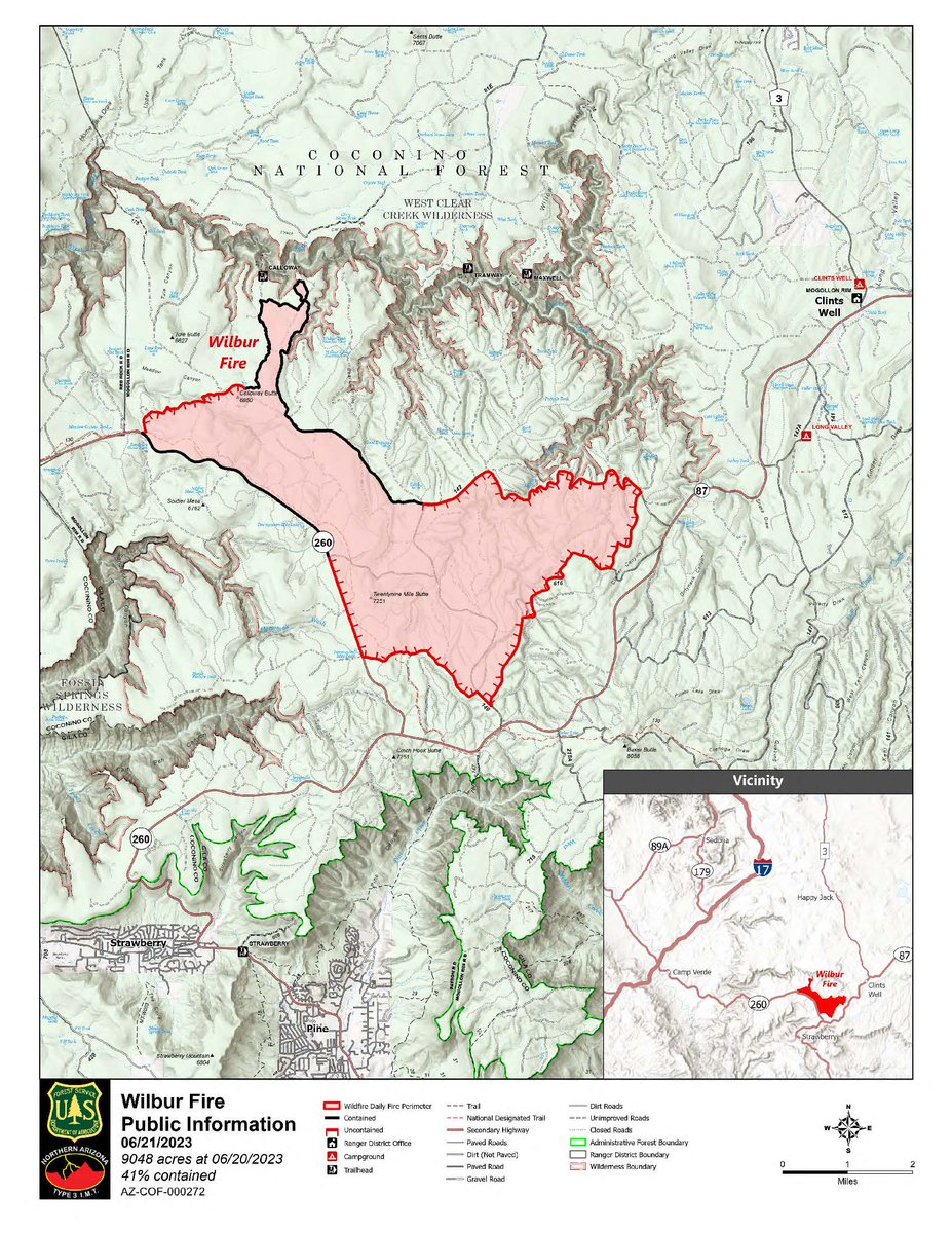 CoconinoNF's tweet image. #WilburFire #Update

Acreage: 9,048
Containment: 41 percent
Start date: May 21, 2023
Total personnel: 130
Location: 8.5 miles west of Clints Well (Mogollon Rim Ranger District, Coconino National Forest)
Fuels: Ponderosa pine and pinyon-juniper

HAPPY JACK, Ariz., June 21, 2023 —