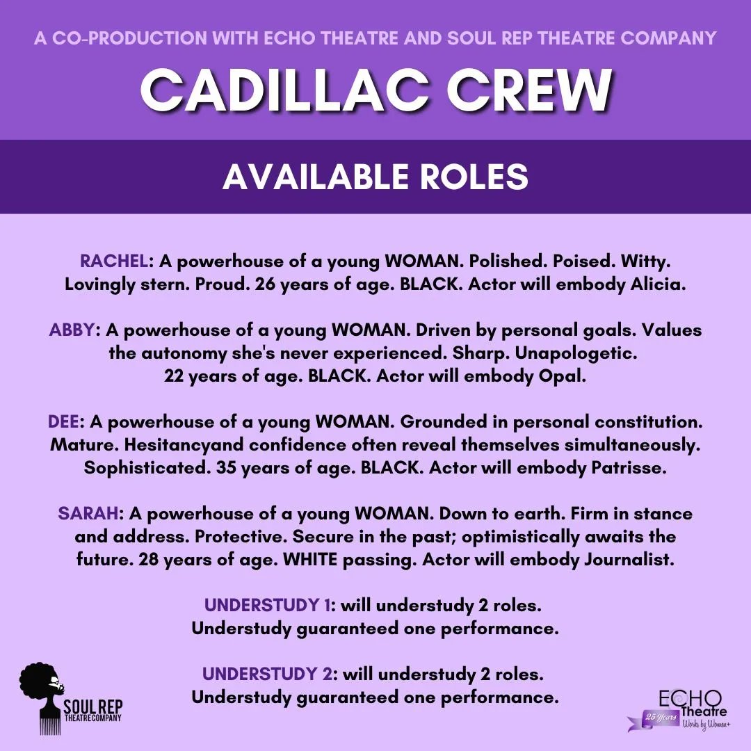 Announcing auditions for Cadillac Crew by Tori Sampson, directed by Anyika McMillan-Herod! (A co-production with Echo Theatre and Soul Rep Theatre Company!)

Click the link to sign up: m.signupgenius.com/#!/showSignUp/…