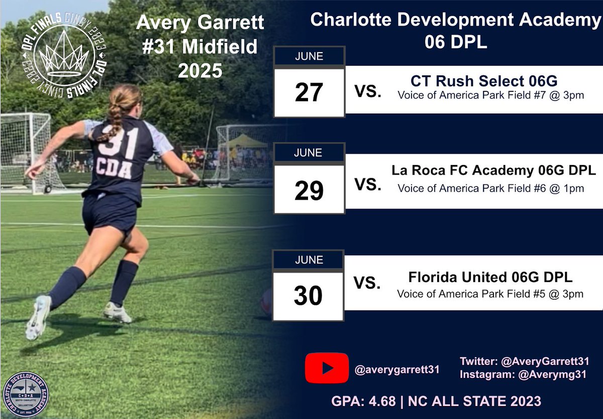 Ready for DPL National Playoffs in Cincinnati!! Check out my game schedule below!! <a href="/DP_League/">The DPL</a> <a href="/cdasoccernc/">Charlotte Development Academy</a> <a href="/ImYouthSoccer/">ECNL/GA/Recruiting/College Soccer</a> <a href="/SSN_NCAASoccer/">Sidelines - College Soccer</a> <a href="/ImCollegeSoccer/">College Soccer Truth ™</a> <a href="/TopDrawerSoccer/">TopDrawerSoccer</a> <a href="/PrepSoccer/">Prep Soccer ⚽️</a> #playoffs #nationals