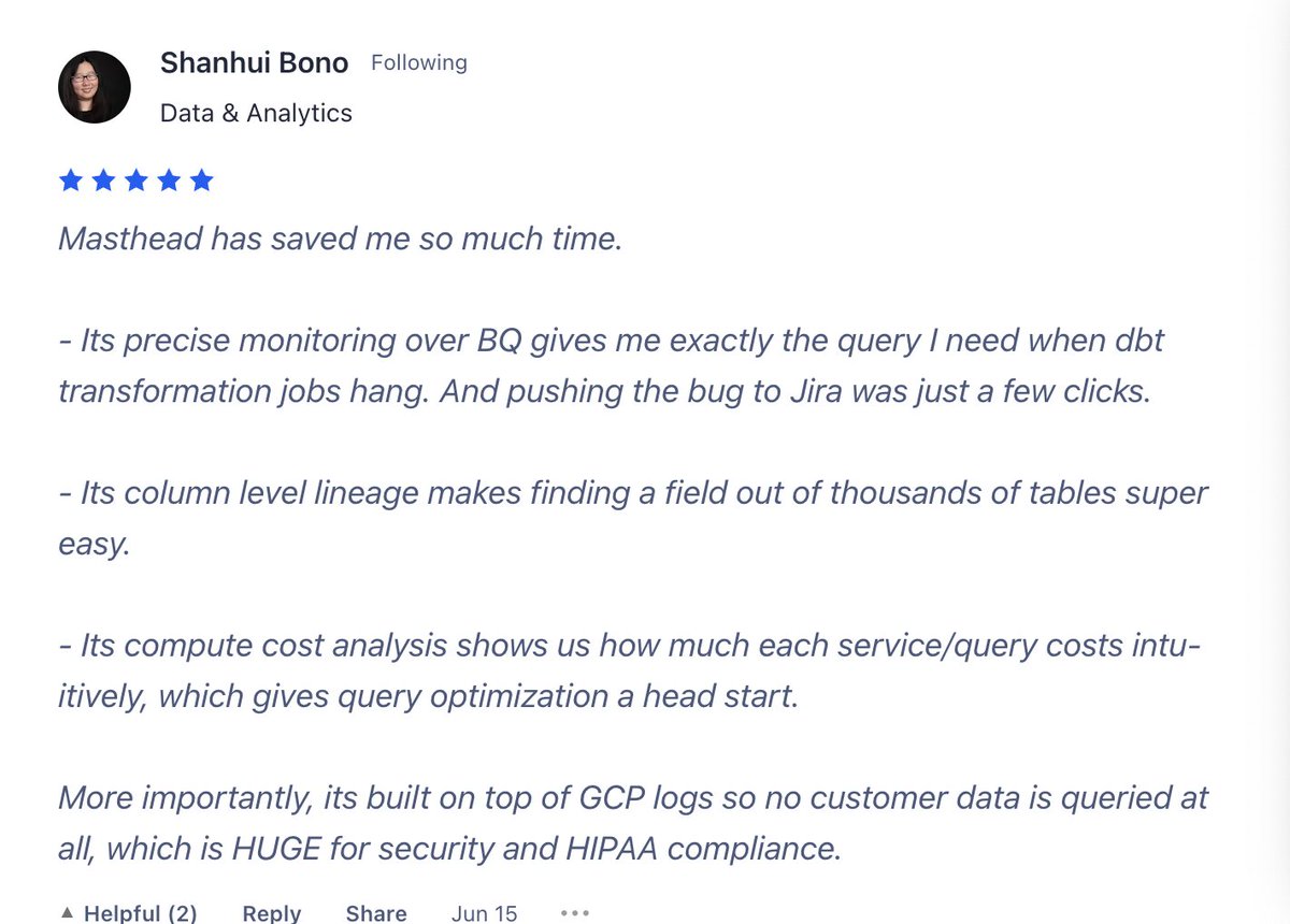 Some <3 from Shanhui Bono, Data Engineer @Daybreak Health review of Masthead Data: producthunt.com/products/masth…