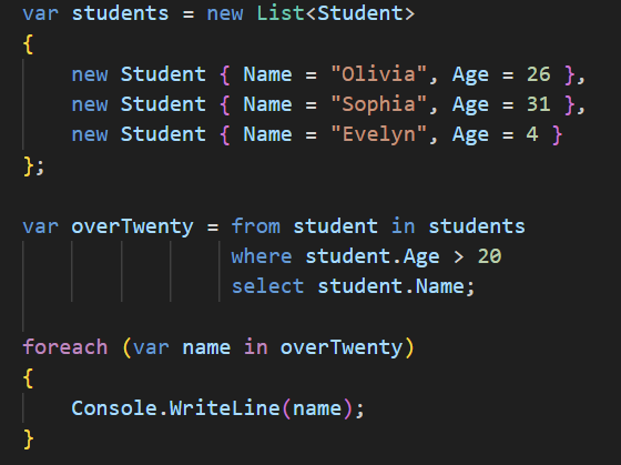 angelcho_d's tweet photo. Use LINQ to query a collection of Student objects and selects the names of students who are over 20 years old #CSharp, #dotNET, #LINQ, #AdvancedCSharp, #Programming, #Code, #Microsoft https://t.co/1feFB2HdsH