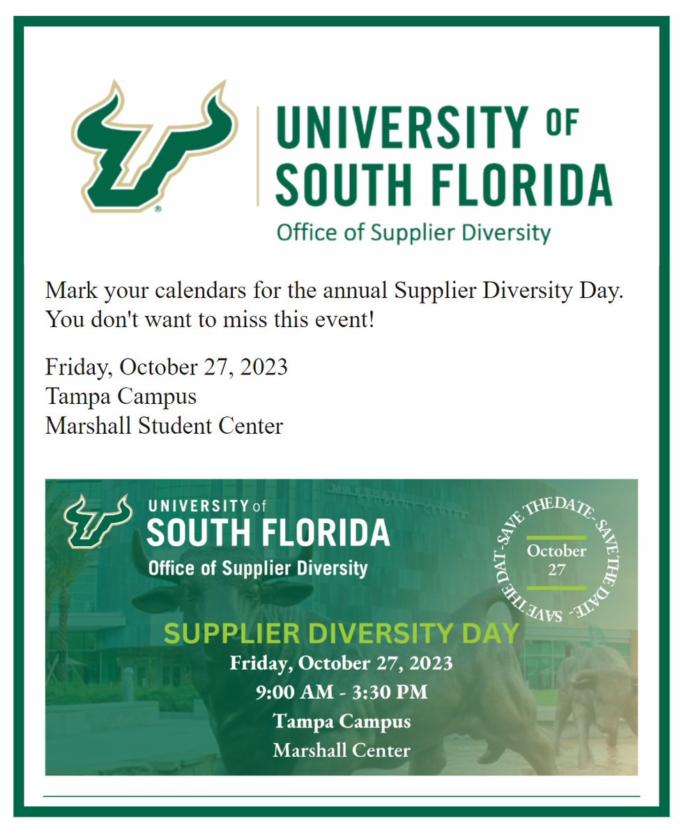 USF_OSD's tweet photo. Save the date for USF OSD Supplier Diversity Day!
Oct. 27, 2023 | 9AM-3:30PM
#supplierdiversity #USF https://t.co/RQwMwdwIxW