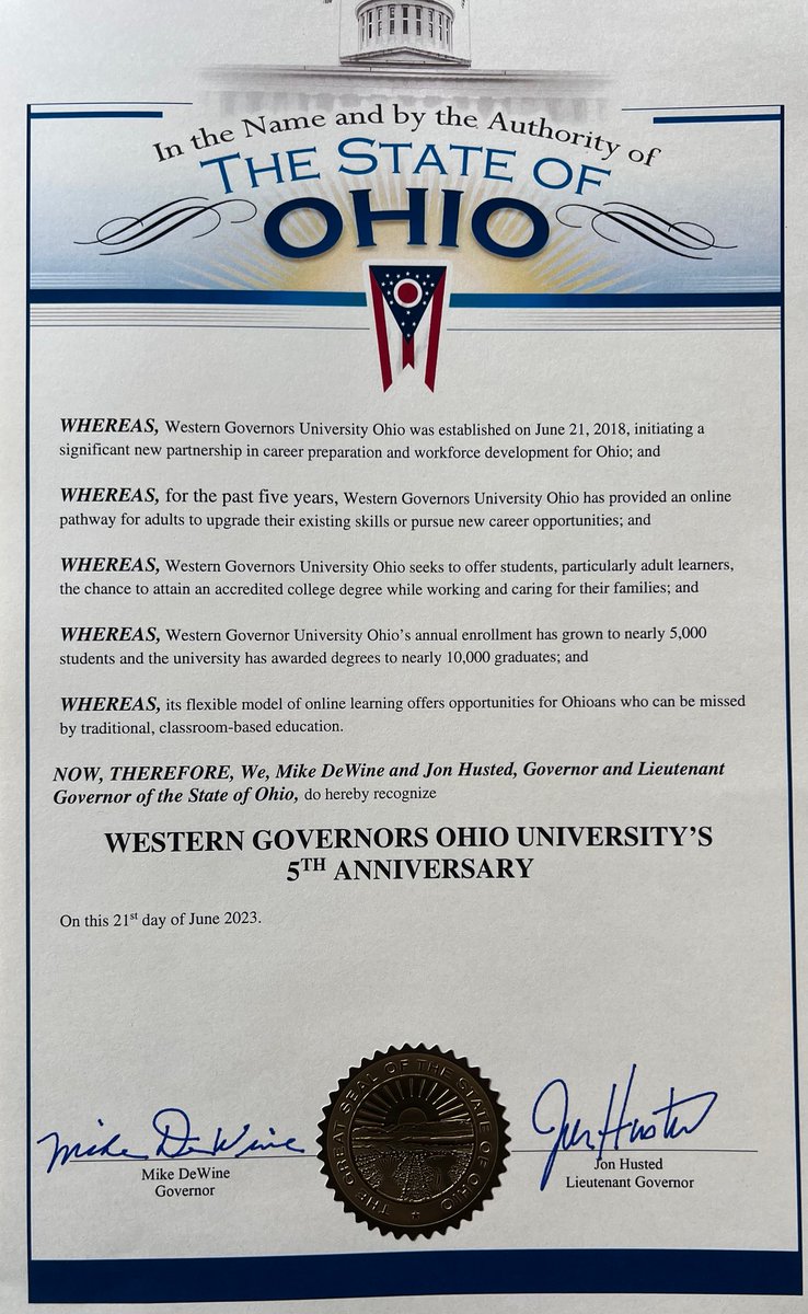 Thank you so much, <a href="/GovMikeDeWine/">Governor Mike DeWine</a> and @LtGovHusted, for commemorating the incredible milestone of WGU Ohio's fifth anniversary with an official proclamation! Your support is greatly appreciated, and we are proud to be part of Ohio's educational landscape.