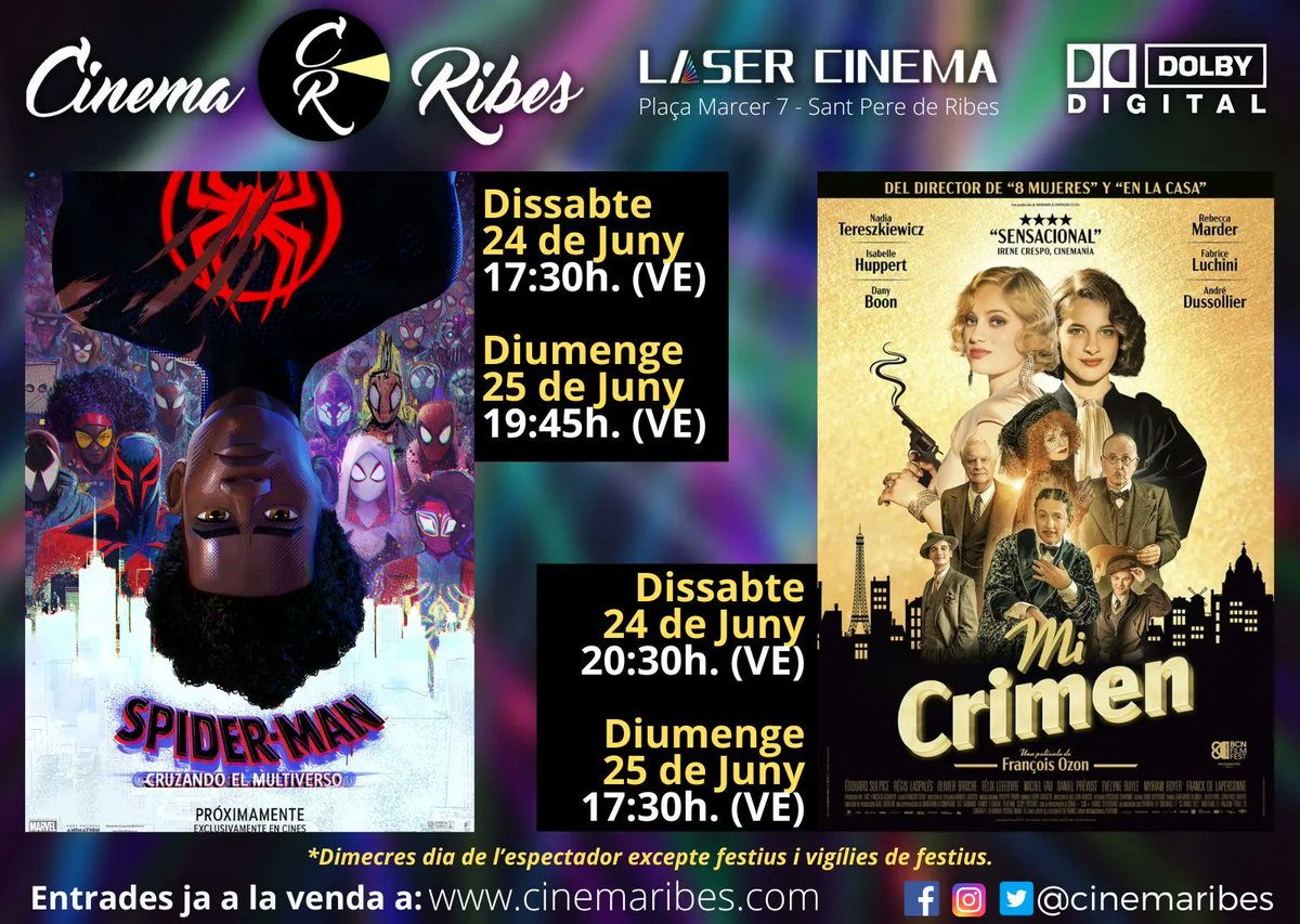 #CinemaRibes 
🤙 Aquesta setmana la impresionant #SpiderManCruzandoElMultiverso i la divertida #MiCrimen de François Ozon.

🎟 Compra ja les teves entrades a cinemaribes.com

#cinema #ribes #SPRibes #Cinema4you