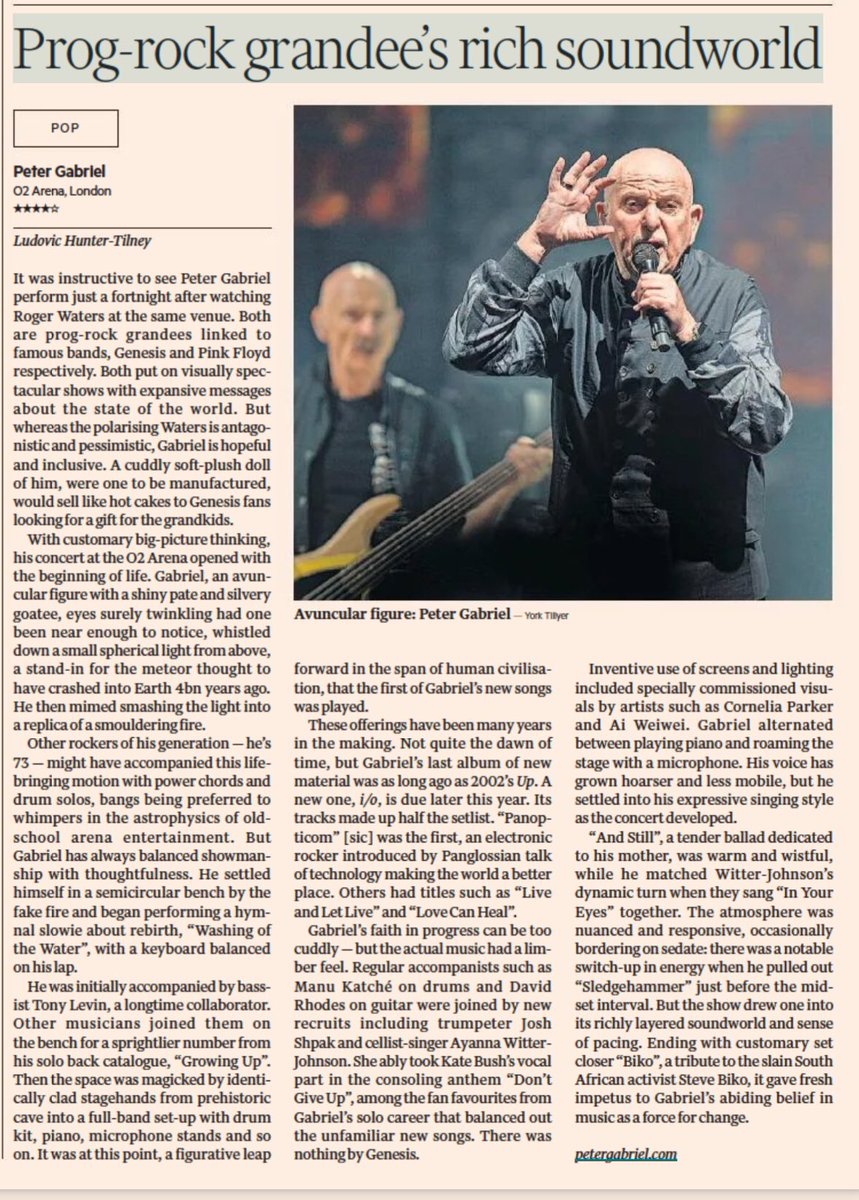 Here’s my review of Peter Gabriel at the O2 Arena from today’s FT: on.ft.com/42TQdPA