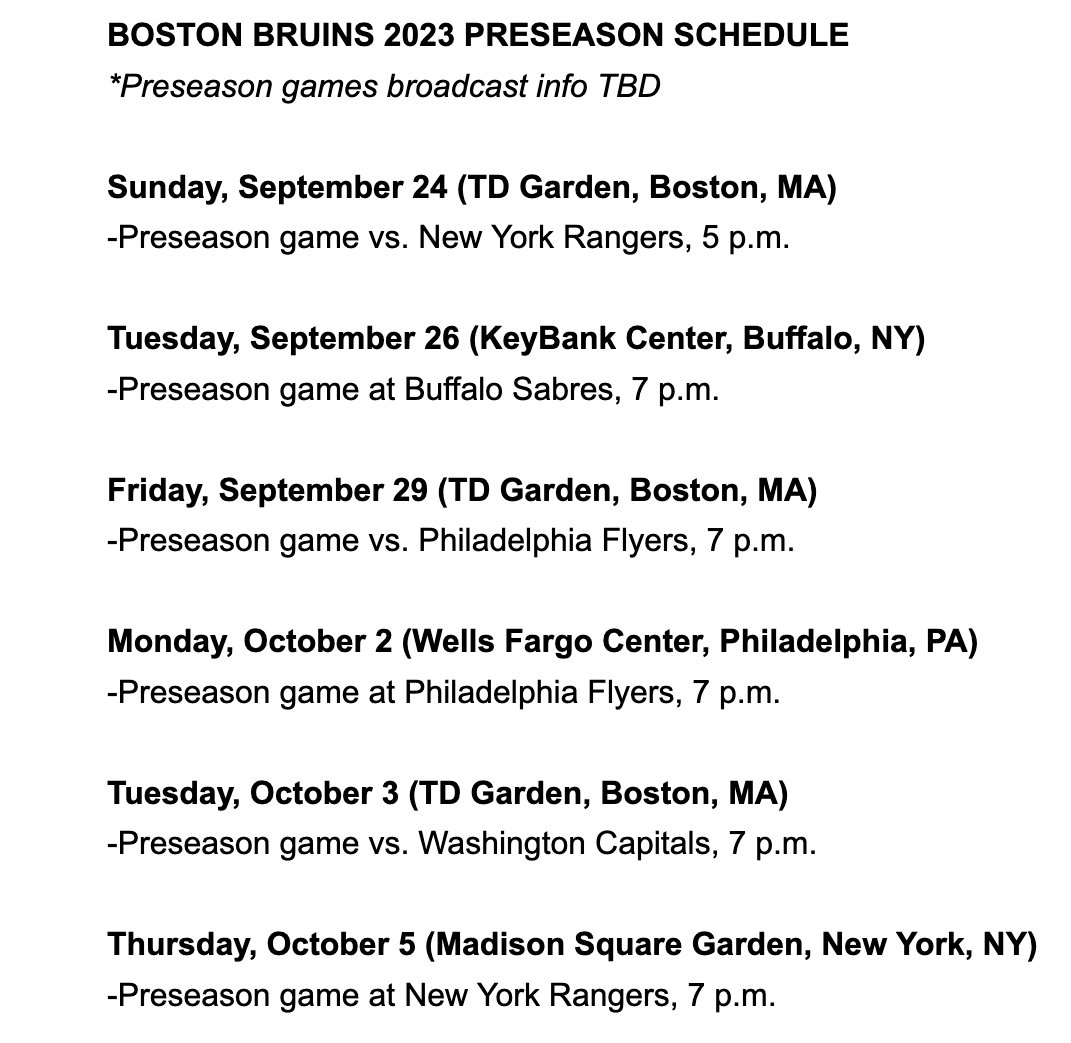 HackswithHaggs's tweet image. The Boston Bruins announce their 2023 preseason schedule with the opener on Sept. 24 at the Garden and the final game on Oct. 5 at MSG vs. the NY Rangers