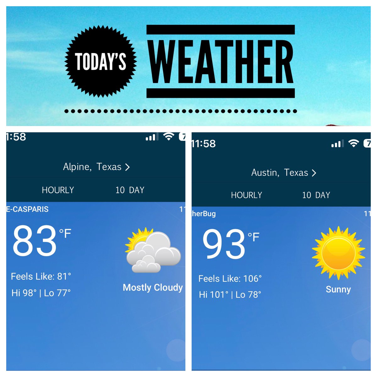 Pete Gallego (@petegallego) on Twitter photo I’ll take #FarWestTexas weather - & specifically #AlpineTX weather - over Central Texas weather nearly any day - but especially these days. #heatwave #excessiveheatwarnings
#TexasWeather I’ll take #FarWestTexas weather - & specifically #AlpineTX weather - over Central Texas weather nearly any day - but especially these days. #heatwave #excessiveheatwarnings
#TexasWeather