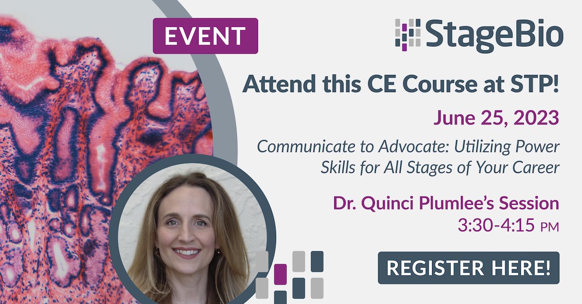 See you at STP next week? Hear Dr Quinci Plumlee's session on 'Advocating for Yourself as an Early Career Pathologist' from StageBio 3:30-4:15pm June 25 for this CE course - learn more here: 👉stagebio.com/blog/stagebio-…  #ToxPath #Pathology #CellTherapy