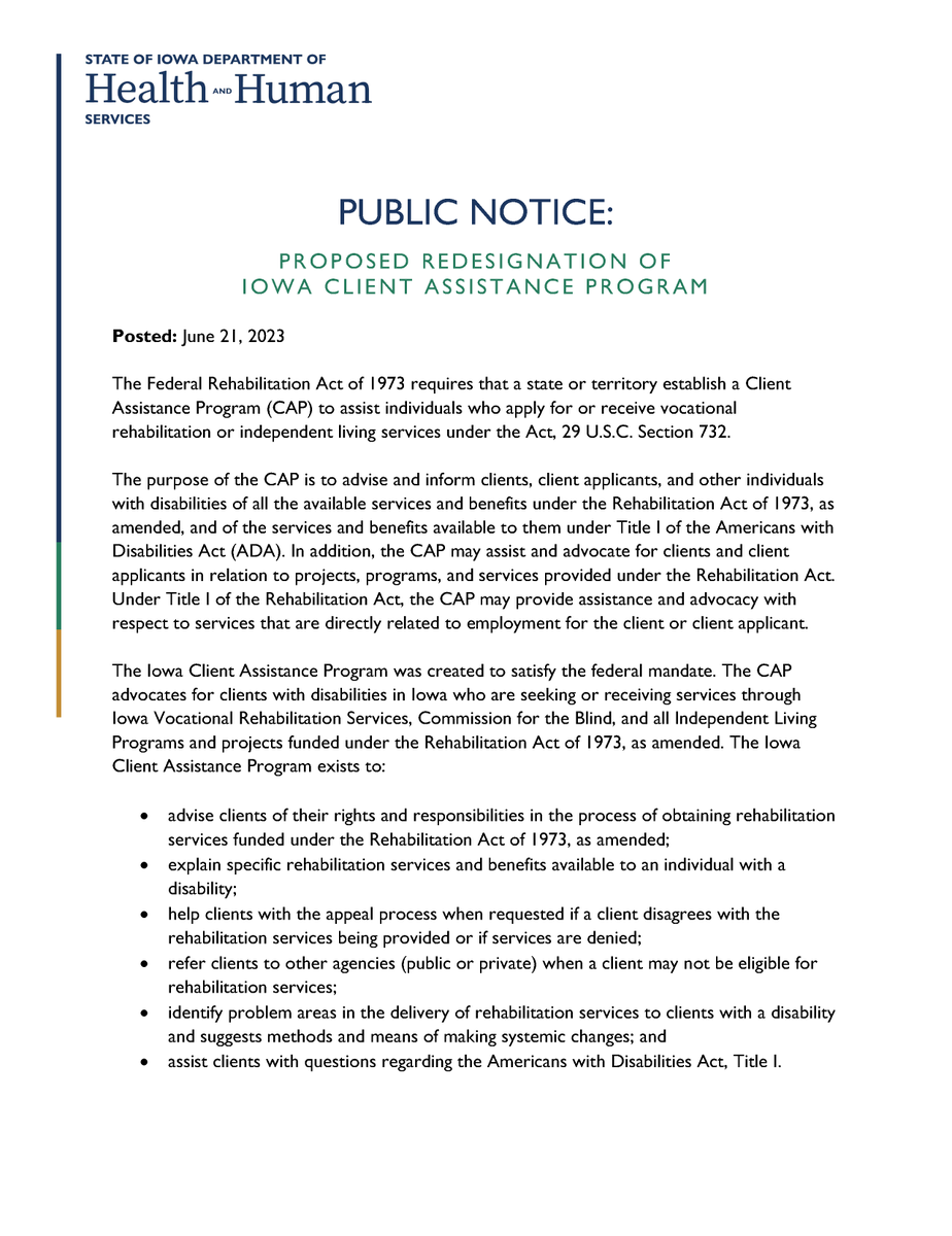 iowadhr's tweet photo. Public Notice:  Proposed Redesignation of Iowa Client Assistance Program https://t.co/tIkfFjY4nl