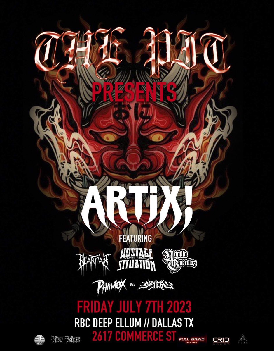 ASCENSION (@ascension_texas) on Twitter photo ARTIX
HOSTAGE SITUATION
VANILLA GUERILLAZ 
BEARITAX
PHAMOX B2B BABY ICEY 
7  /  7  /  23   —   📍 RBC Deep Ellum ARTIX
HOSTAGE SITUATION
VANILLA GUERILLAZ 
BEARITAX
PHAMOX B2B BABY ICEY 
7  /  7  /  23   —   📍 RBC Deep Ellum