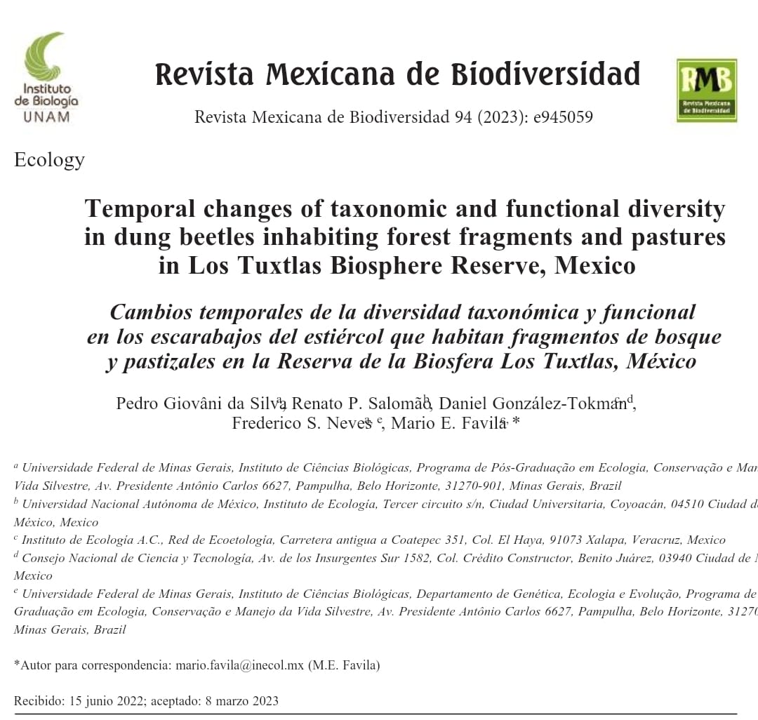 Temporal changes of taxonomic and functional diversity in dung beetles  inhabiting forest fragments and pastures in Los Tuxtlas Biosphere Reserve,  Mexico - Revista Mexicana de Biodiversidad