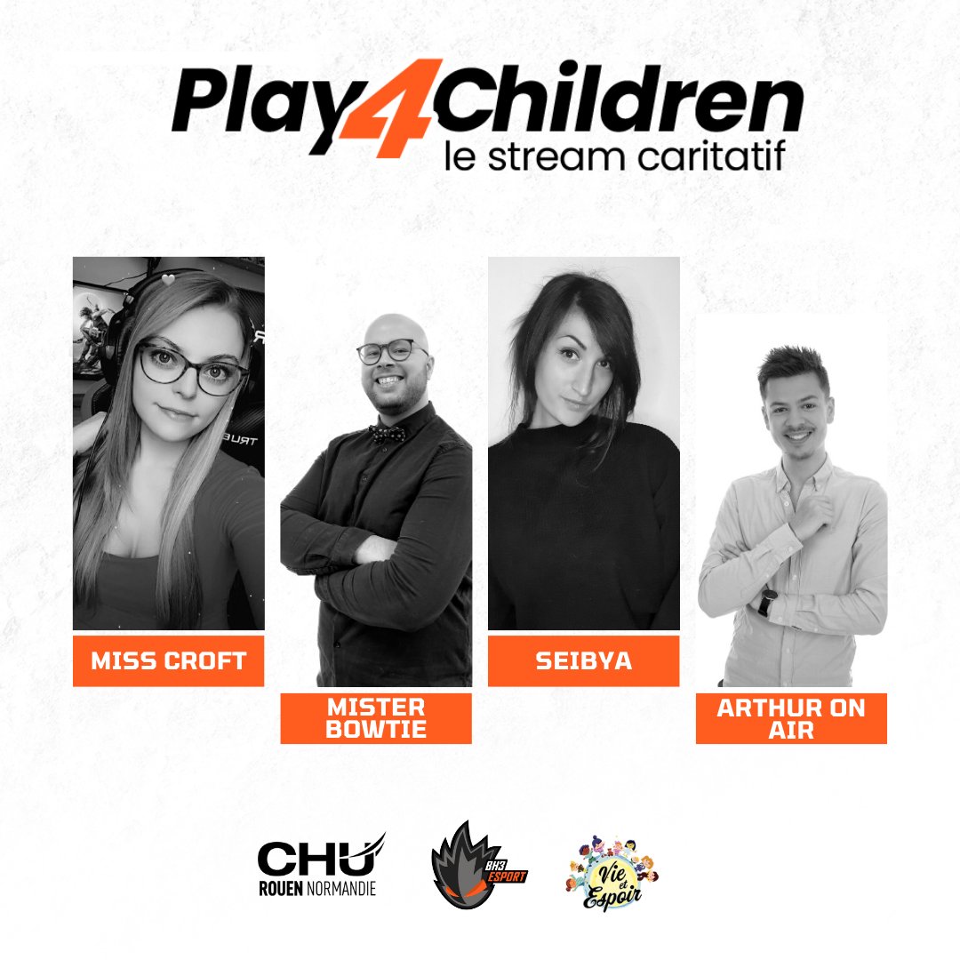 Le stream caritatif🌟#play4children🌟, c'est samedi et dimanche, dès 10h, pour les enfants du <a href="/CHURouen/">CHU de Rouen</a> et l'association Vie et Espoir ! 🫶
Retrouvez nous sur Twitch !👀

@Miss_Croft76 
<a href="/Mister__BowTie/">Mister Bowtie</a> 
<a href="/Seybia/">Seibya</a> 
<a href="/ArthurBts/">Arthur 🎙</a> 
(d'autres noms arrivent !📢)