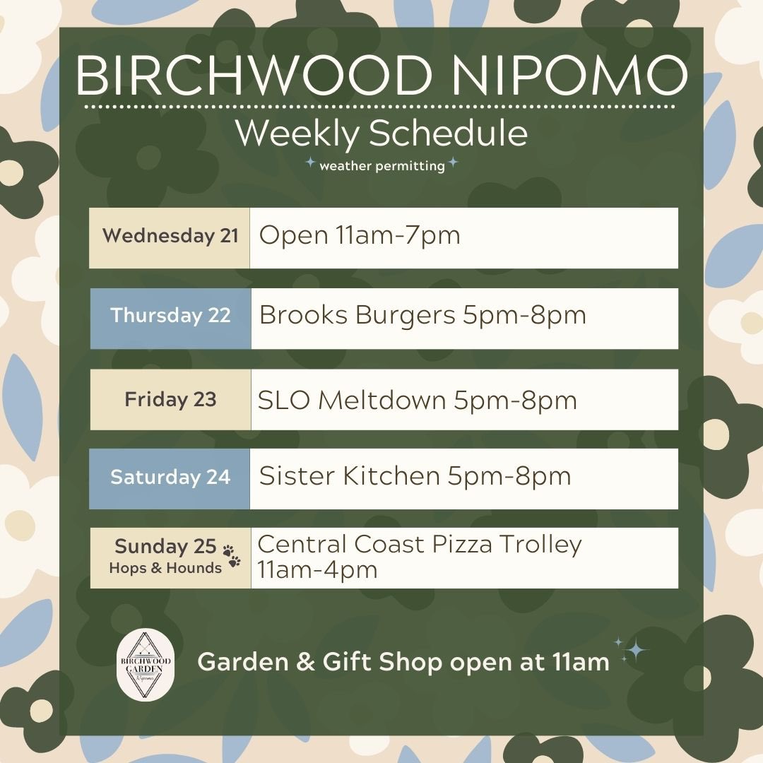 This week’s lineup!🔥

🐶Dogs welcome
🤸‍♀️Family environment
🔥Patio heaters & fire pits
🌞No reservations necessary
🌧️ Schedule Weather Permitting

#birchwoodnipomo #nipomoca #santamaria #arroyogrande #orcutt #pismobeach #sanluisobispo #plantshop #beergarden #805foodtrucks