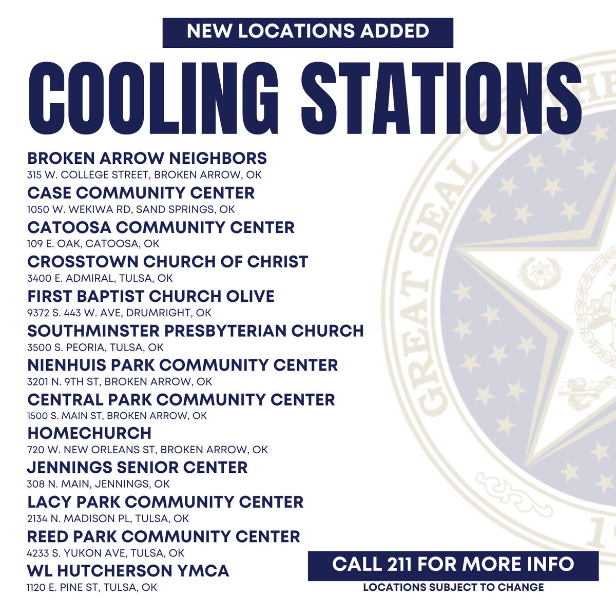 The number of cooling stations across the state have doubled in the last 36 hours.

Here is an updated list of several of the cooling stations for those still without power. For more information on where you can find cooling stations, please call 211.