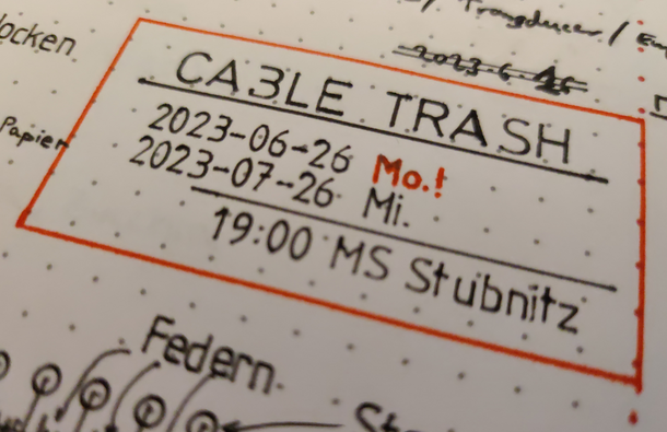 + ACHTUNG ACHTUNG + am naechsten MONTAG ist es wieder so weit + CABLE TRASH auf der MS STUBNITZ + boost plz +

/cc <a href="/MSStubnitz/">MS Stubnitz</a>