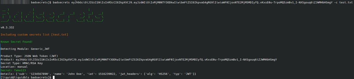 paulmmueller's tweet photo. Big upgrades to Badsecrets https://t.co/esgTOFqDKL in version 0.3.x

Upgraded CLI!

Supply your own custom secrets file that will work alongside the defaults with -c

Also,  some modules will give you the hashcat command to facilitate bruteforce cracking when no secret is found https://t.co/ovHWioRExu